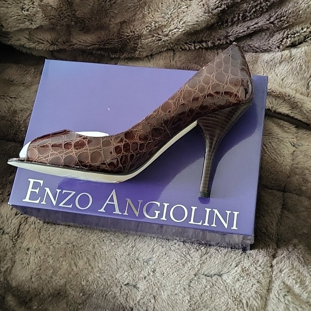 Enzo Angiolini Brown Croc-embossed Peep-Toe Heels Size 10